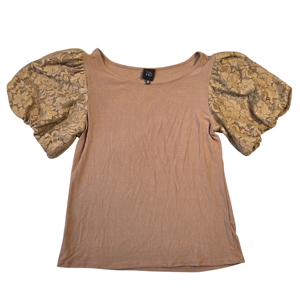 W5 Womens Brown Lace Short Sleeve Puff Sleeve Top Size S Boho Casual Preppy‎